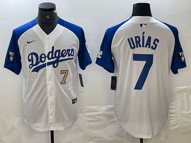 Men Los Angeles Dodgers 7 Urias White blue Fashion Nike Game MLB Jersey style 4